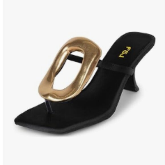 FSJ Black Open Toe High Heel Flip Flops Slip On Gold Detail Thong Sandals - Picture 1 of 8